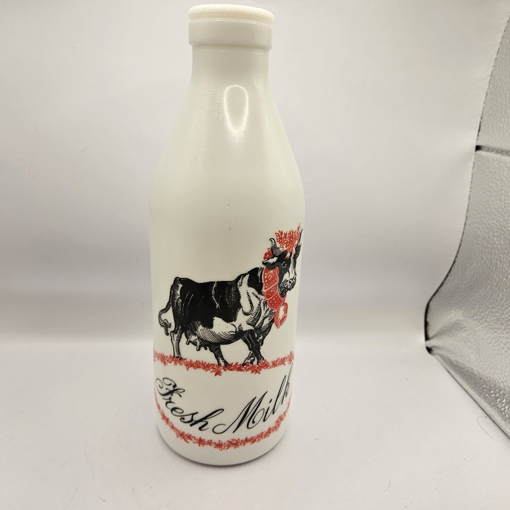 Egizia Fresh Milk Bottle Whitw Milk Glass Cow With Bell 10" Tall No Cap Used. 